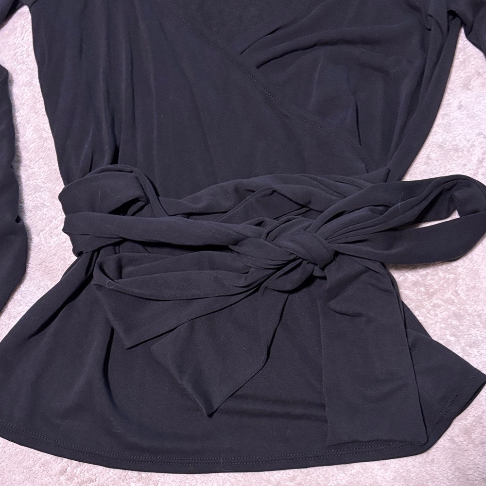 Free People… Black Faux Wrap Puff Sleeve Top W Long Sash… NWOT… Sz Medium - Picture 5 of 6